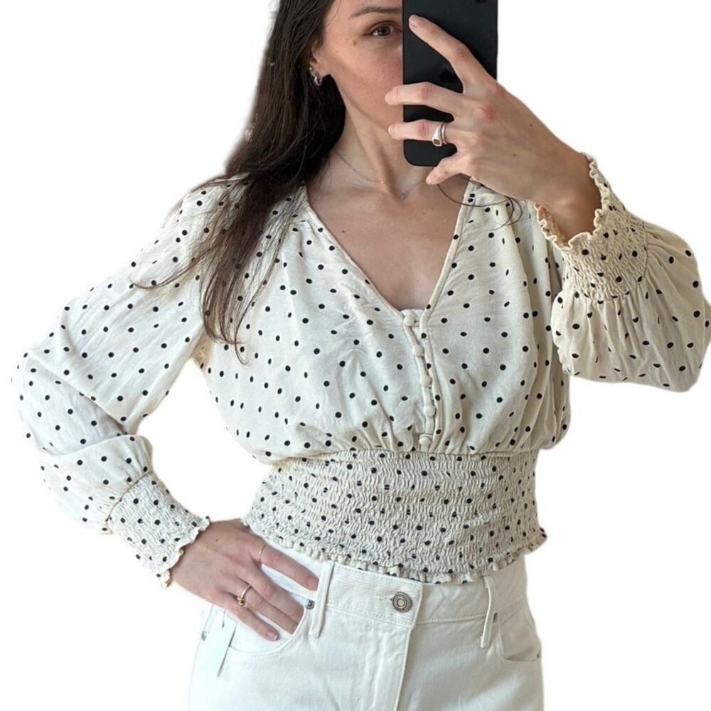 American Eagle Outfitters Cream Polka Dot Smocked Long Sleeve Blouse Size S